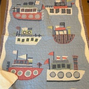 Pottery Barn Kids Nautical Crib Quilt 48(H) X 35(W) Blue Sheet Boats Ships